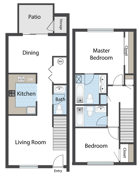 Floor plan for 2 beds, 2.5 baths, 1050 sqft